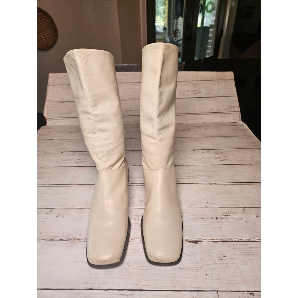Naturalizer Womens Cream Leather Square Toe Mid Calf Boots Low Heel 10M Brazil